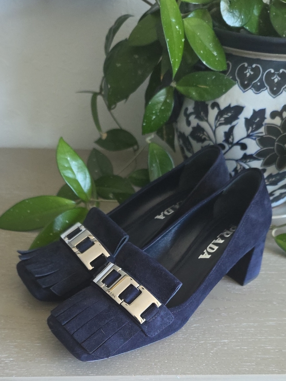Prada navy blue suede block-heel fringe loafers